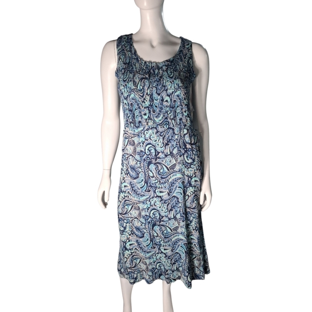 ERIKA Smocked Dress Petite Medium Blue Paisley Rayon Side Button Casual  Boho